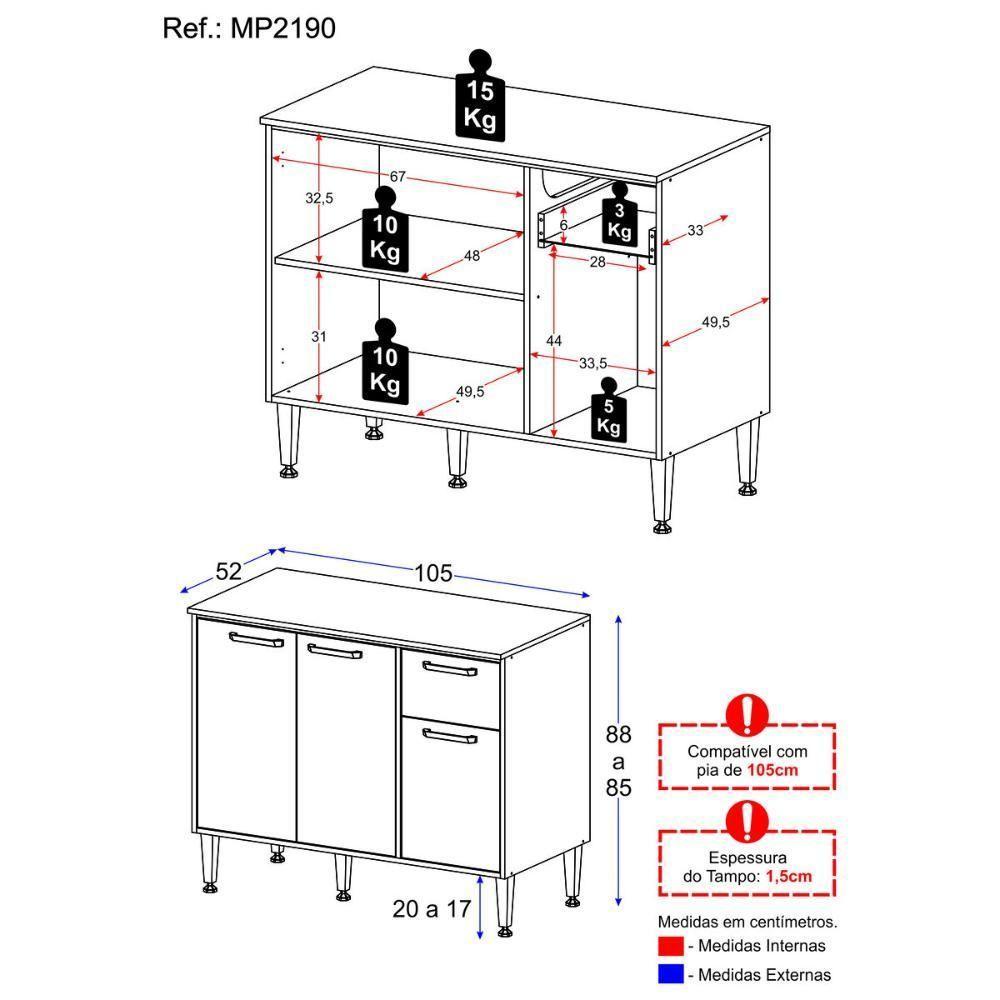 Balcão De Cozinha Gabinete Pia 105cm 3 Portas 1 Gaveta Siena Multimóveis Mp2190 Branco Branco - 4