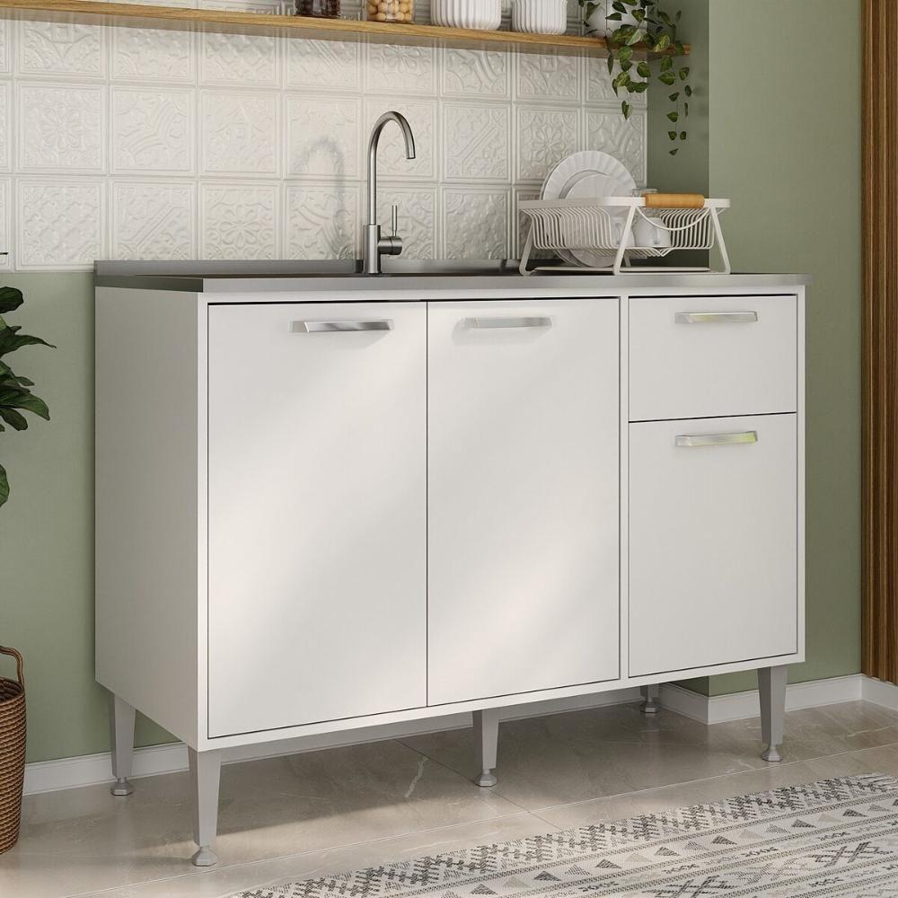 Balcão De Cozinha Gabinete Pia 105cm 3 Portas 1 Gaveta Siena Multimóveis Mp2190 Branco Branco - 6