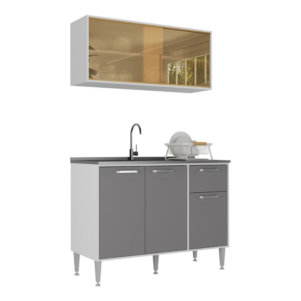 Armário De Cozinha Com Balcão Para Pia Siena Multimóveis Mp2216 Branco-lacca Fumê Branco-lacca Fumê - 1
