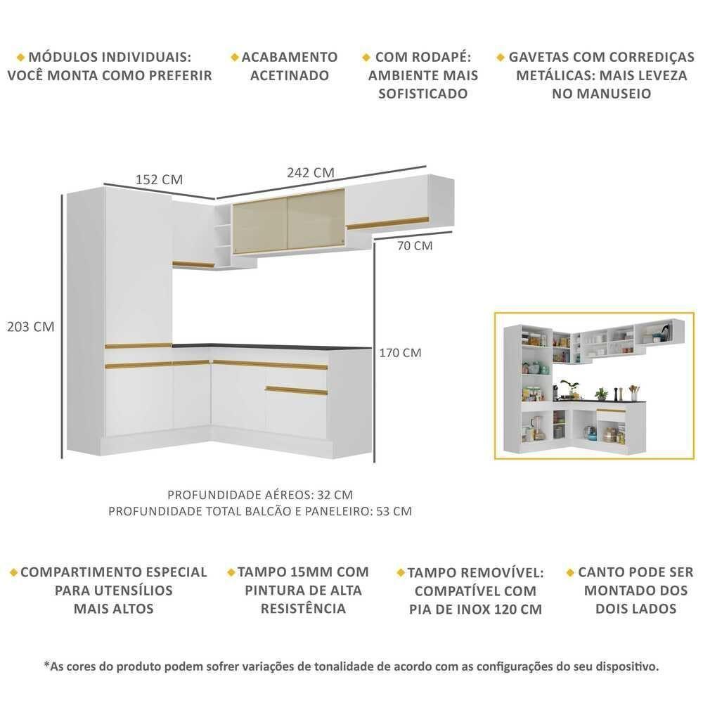 Armário De Cozinha Completa Canto Multimóveis Branco/dourado - 6
