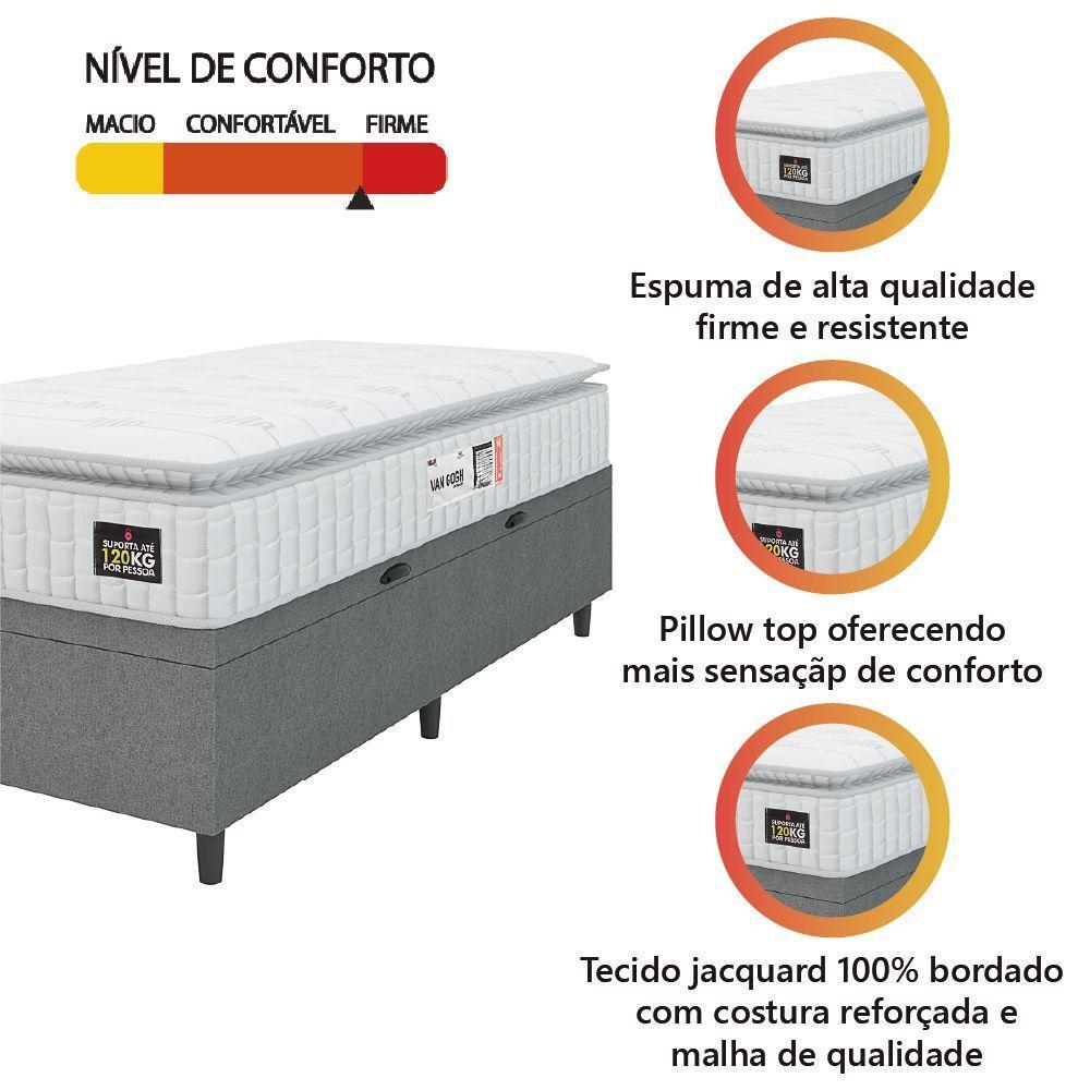 Cama Box Baú Colchão Solteiro Espuma D33 Vangogh Pillow Top 88x188x70cm Branco-Cinza Hellen Suporta até 120kg por Pessoa - 2