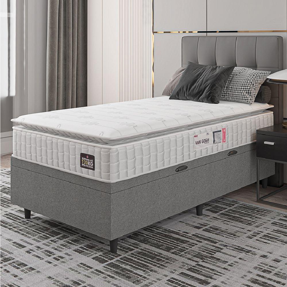 Cama Box Baú Colchão Solteiro Espuma D33 Vangogh Pillow Top 88x188x70cm Branco-Cinza Hellen Suporta até 120kg por Pessoa - 6