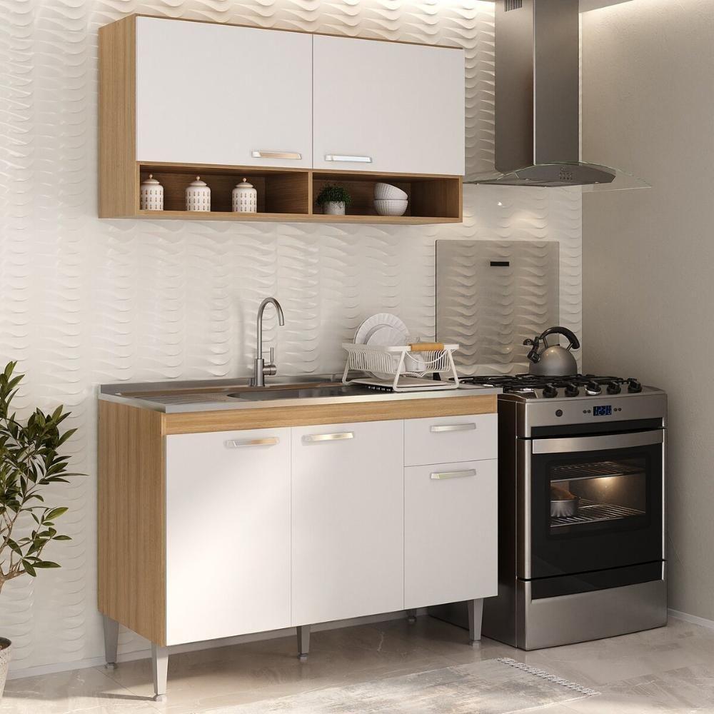 Cozinha Compacta 120cm Com Armário E Balcão Para Pia Paris Multimóveis Rustic-branco Rustic-branco - 7