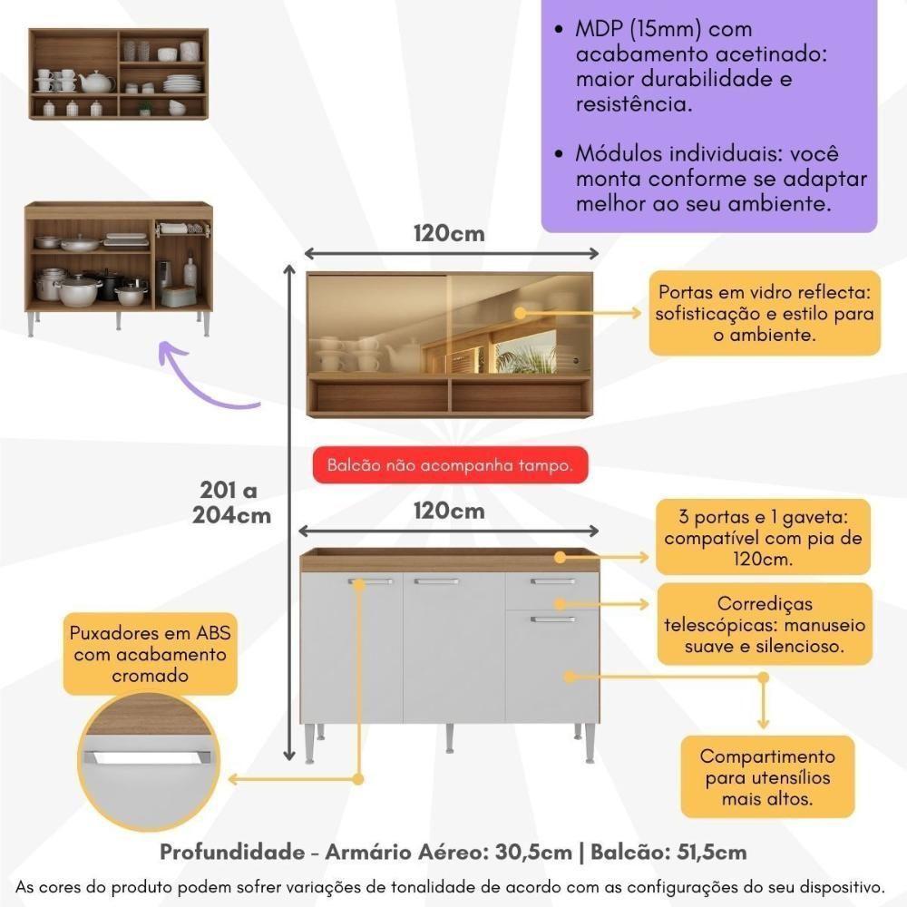 Kit Armário Cozinha Compacta 120cm Com Balcão Para Pia Paris Multimóveis Rustic-branco Rustic-branco - 6