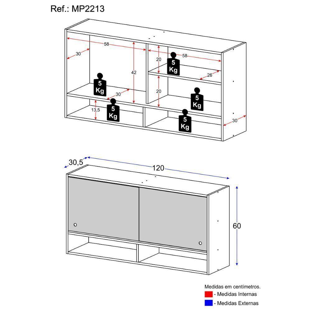 Armário Aéreo 120cm Com Portas De Vidro Paris Multimóveis Mp2213 Rustic Rustic - 5