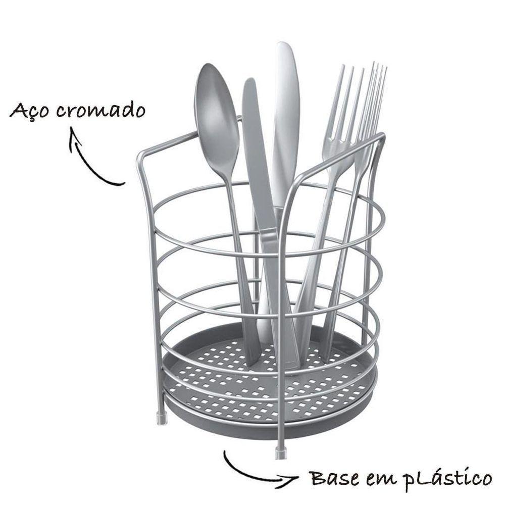 Porta Talheres Redondo Com Fundo Em Plástico Em Aço - Stolf Cinza - 2