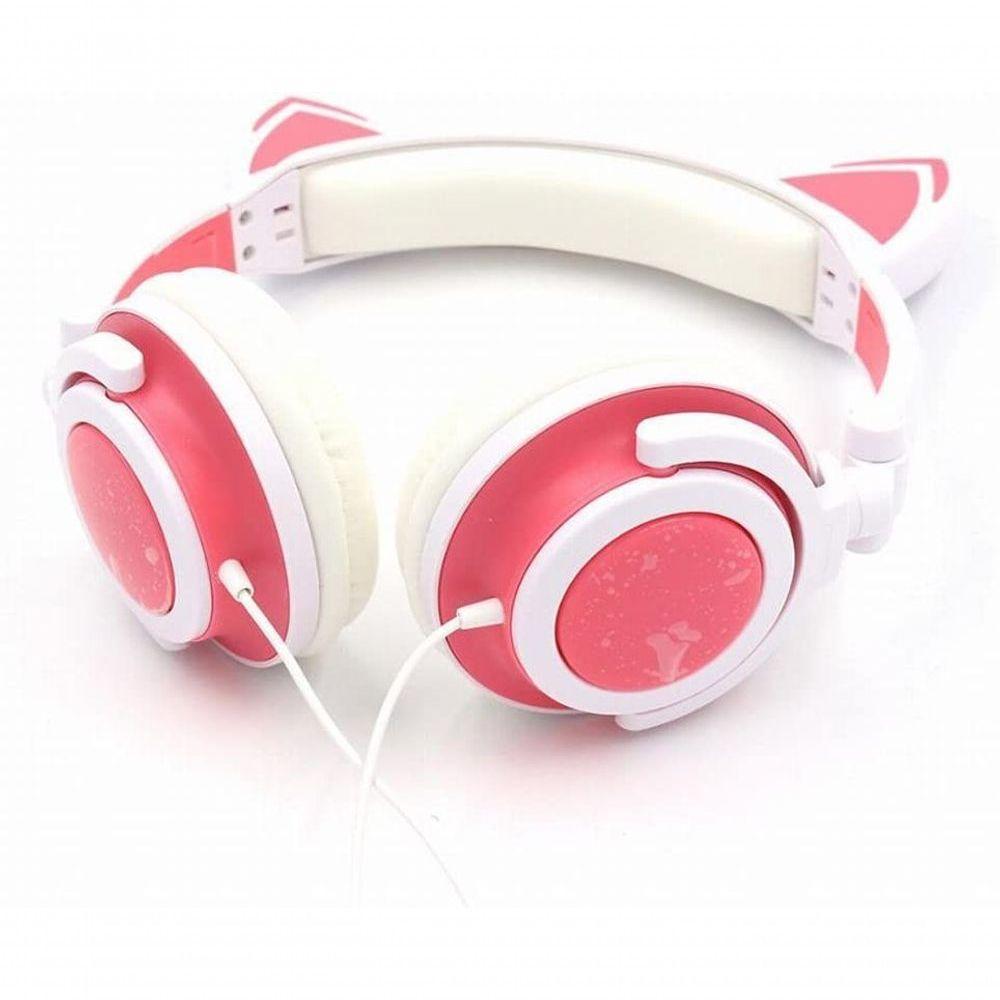Fone De Ouvido Orelhas De Gato Com Led Branco E Rosa Bluetooth - 1