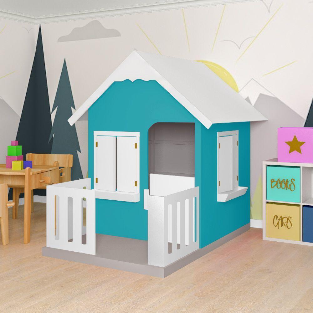 Casinha De Brinquedo Com Cercado E Cobertura Mdf Azul Turquesa/branco - Criança Feliz - 9