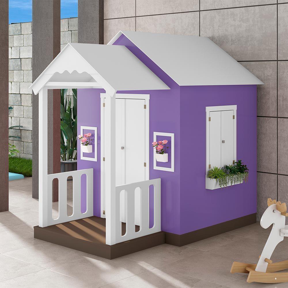 Casinha De Brinquedo Artesanal Com Varanda Mdf Branco/lilás L12 - Criança Feliz - 1