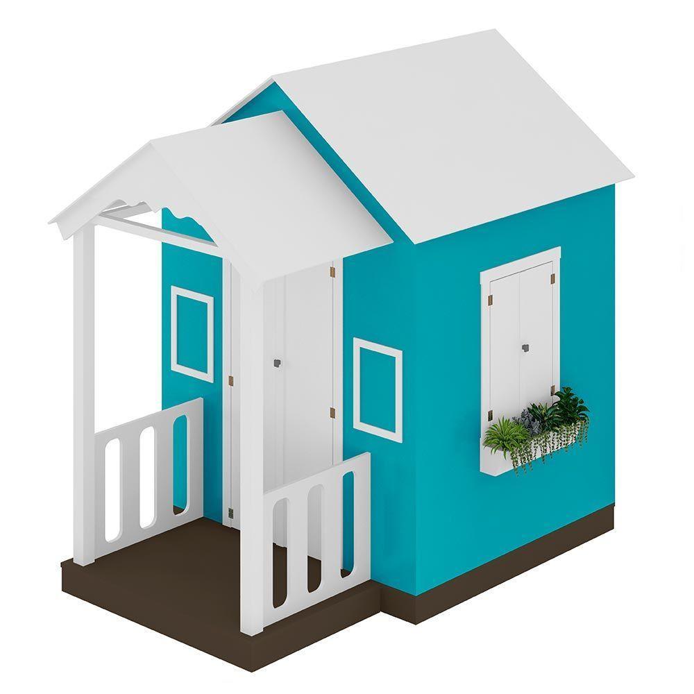 Casinha De Brinquedo Artesanal Com Varanda Mdf Branco/azul Turquesa L12 - Criança Feliz - 8