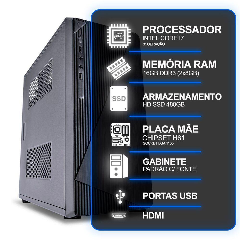 Computador Desktop, Intel Core I7 3º Geração, 16gb Ram, Hd Ssd 480gb, Conexões Usb/vga/hdmi/lan/som - 5