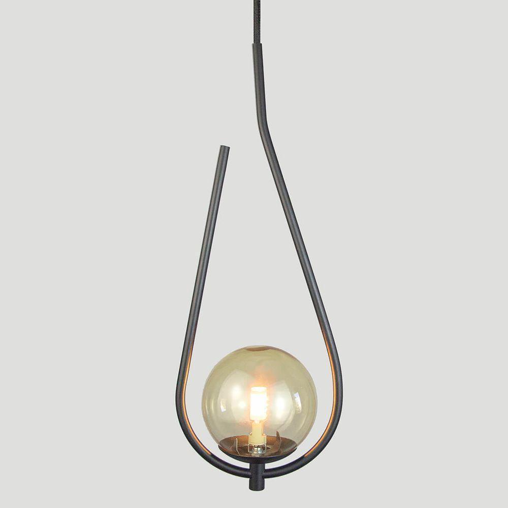Lustre Pendente On Drop - Preto Com Globo De Vidro âmbar - 3