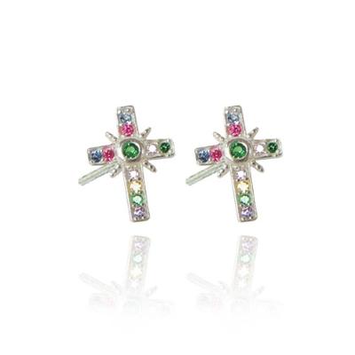 Brinco De Cruz Com Zircônias Coloridas Em Prata 925 [f027]
