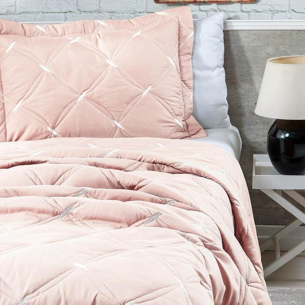 Cobre Leito Casal Padrão Unique 200 Fios Bordado 3 Peças Rose - 2