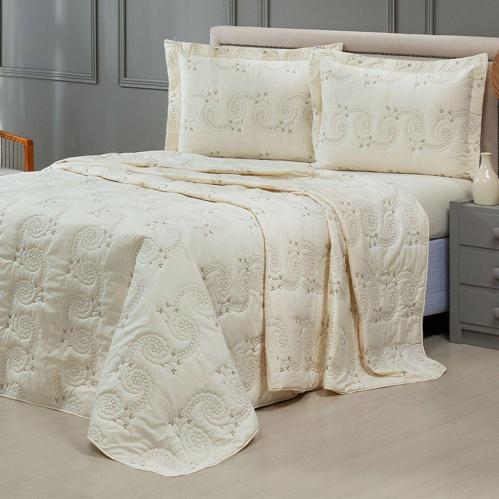 Cobre Leito Queen Mistral Percal 200 Fios Bordado 3 Peças Palha - 1