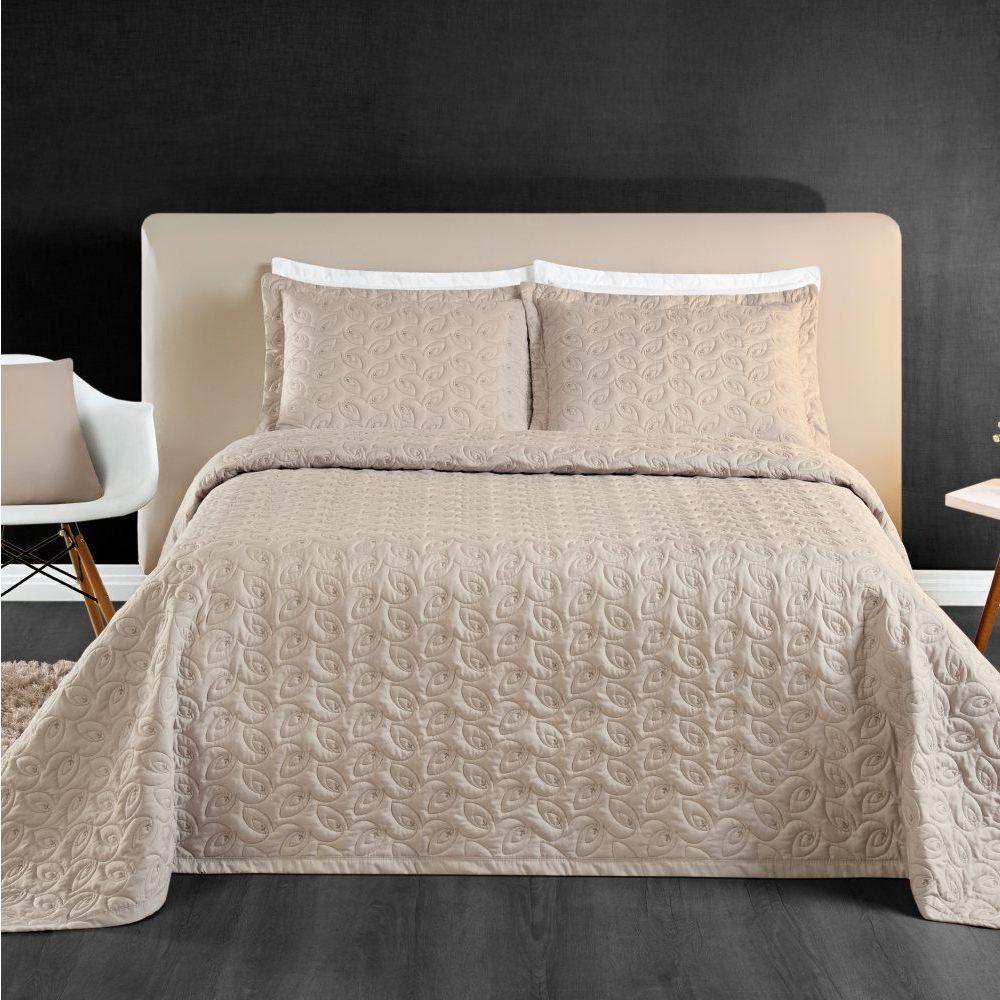 Cobre Leito Casal Padrão Agata Bordado Micropercal 200 Fios 3 Peças Caqui - 2