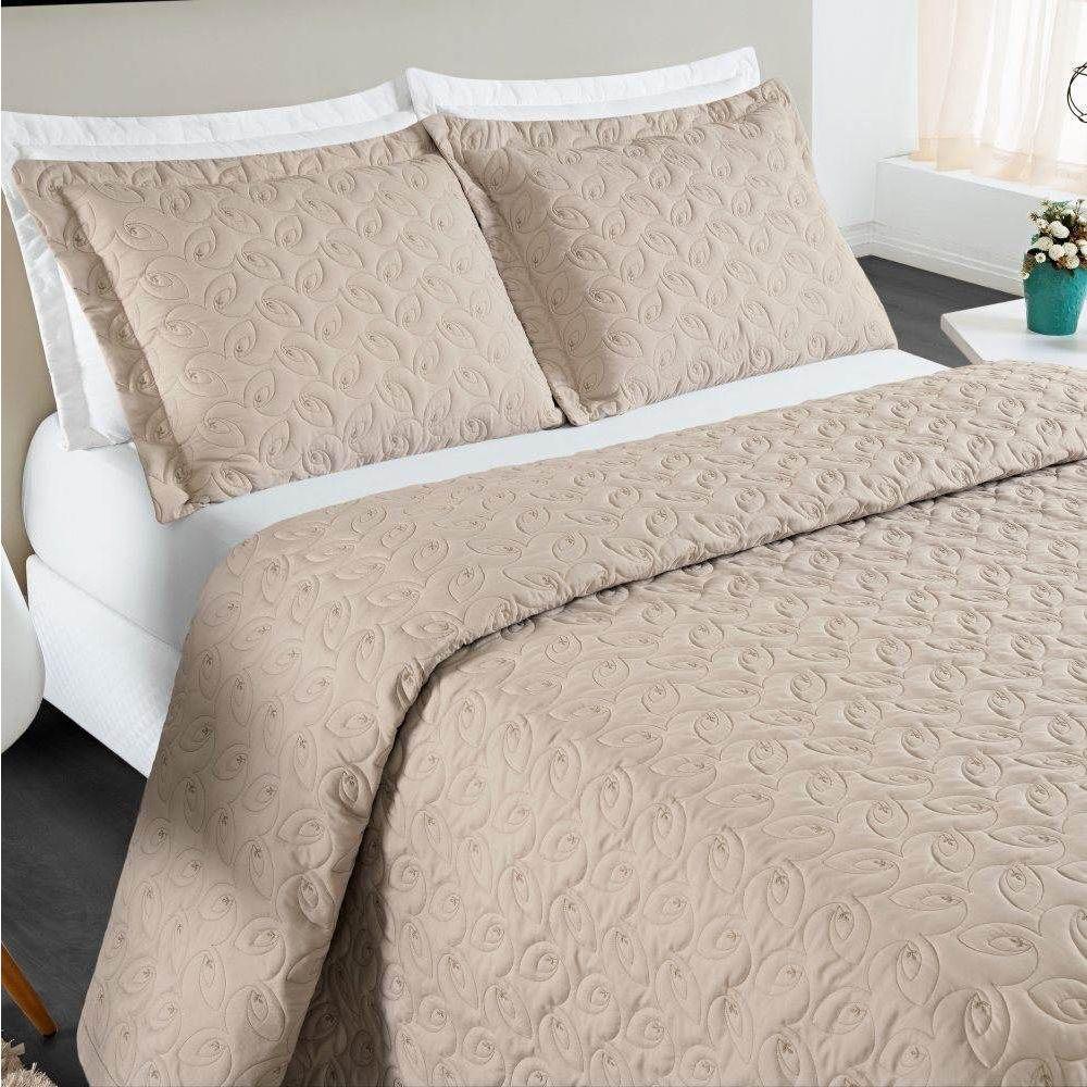 Cobre Leito King Agata Bordado Micropercal 200 Fios 3 Peças Caqui - 1