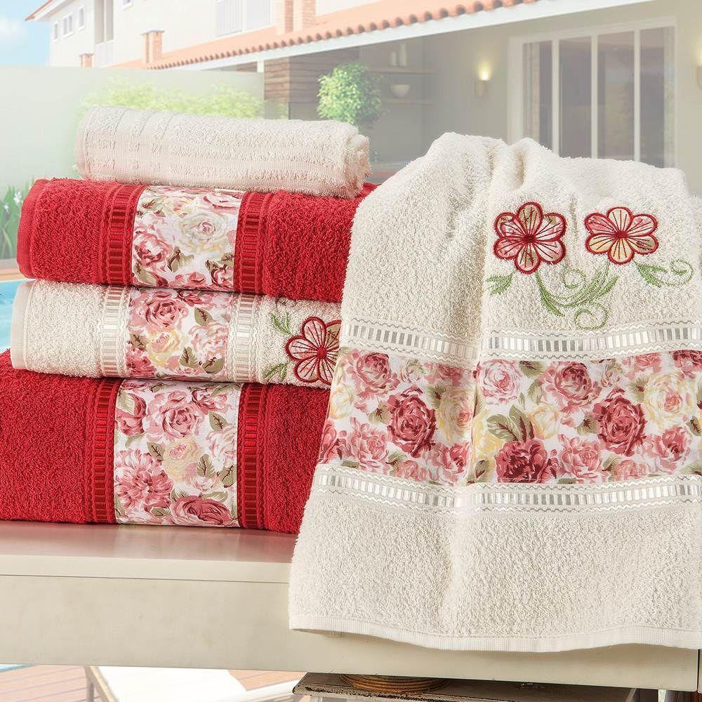 Jogo De Banho Passione Bordado Algodão 5 Peças Vermelho-palha - 1