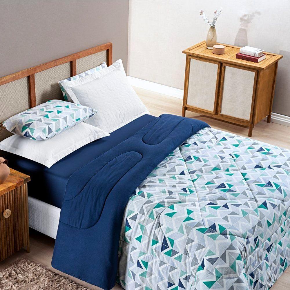 Edredom King Dupla Face Quality Malha 100% Algodão 1 Peça Geometrico Azul - 1