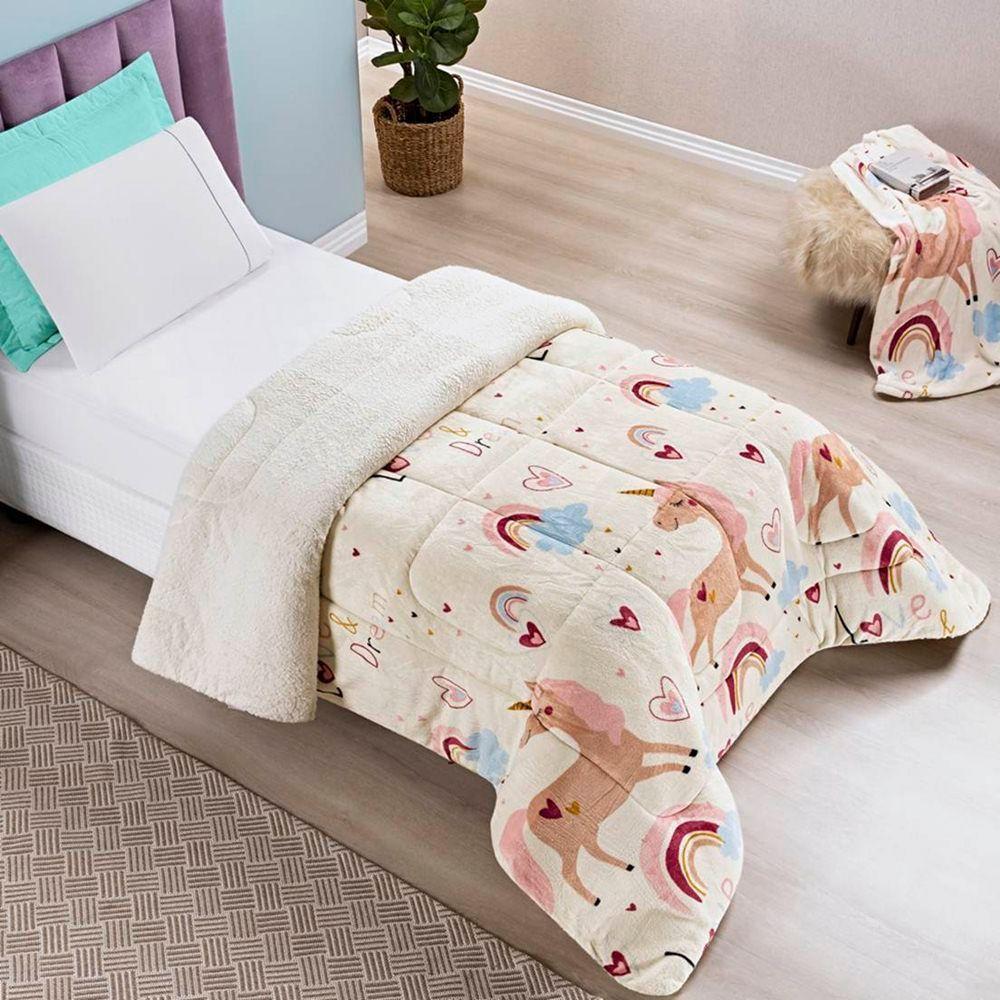 Edredom Solteiro Coberdrom Kids Sherpa-mantinha 1 Peça Unicornio - 1