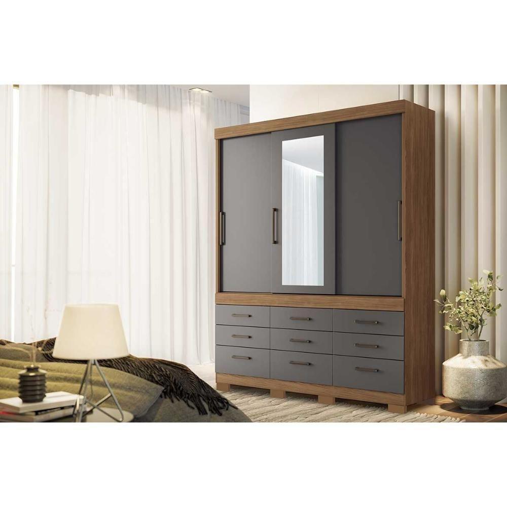 Guarda Roupa Casal 3 Portas de Correr e 9 Gavetas c/ Espelho e Pés Click 3.9 Jatoba/Grafitte - Santos Andirá - 1