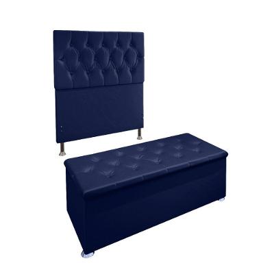 Kit Cabeceira Calçadeira Baú Solt. 90cm Azul Marinho
