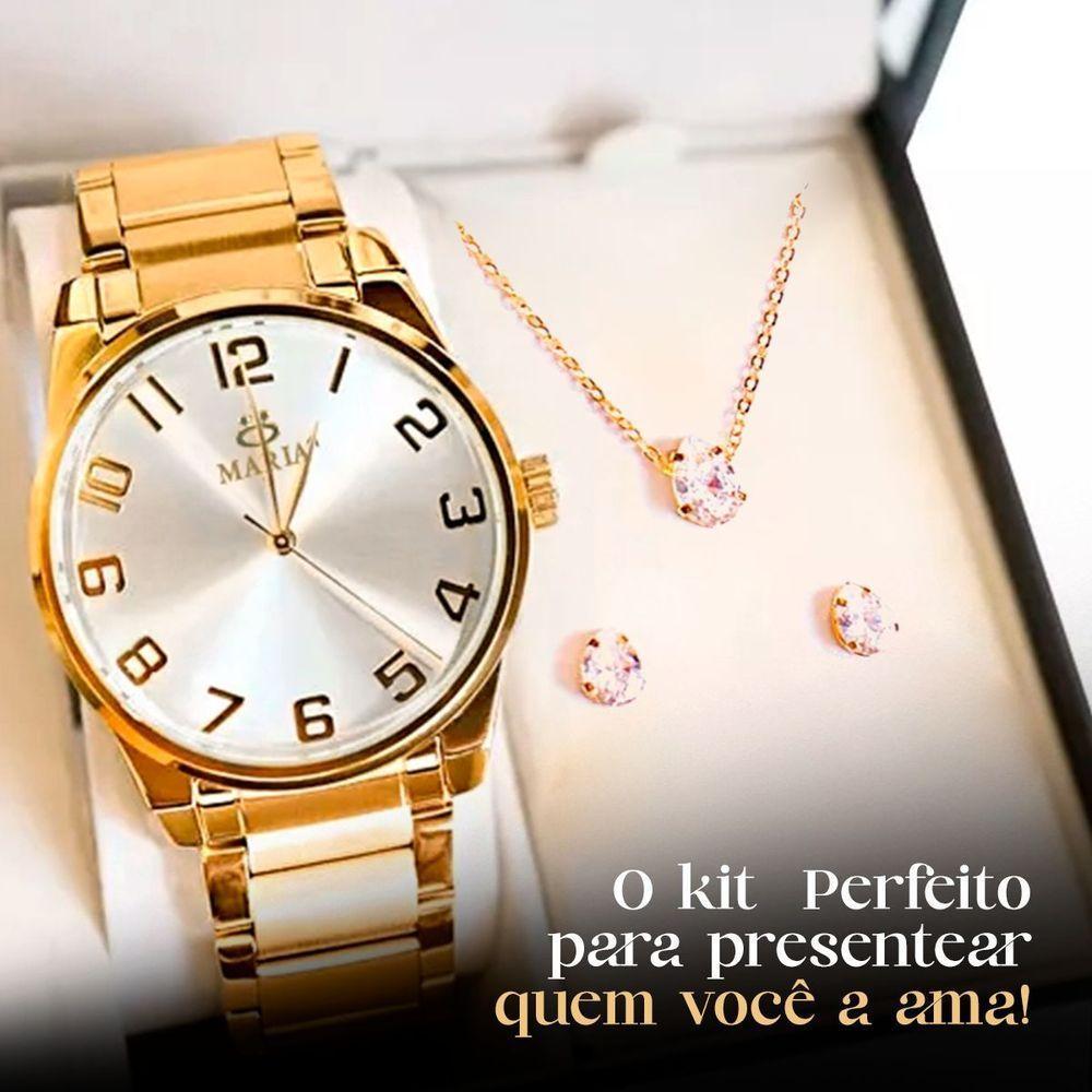Relogio Feminino Aço Inox Dourado + Brincos + Colar + Caixa - 6