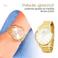 Relogio Feminino Aço Inox Dourado + Brincos + Colar + Caixa