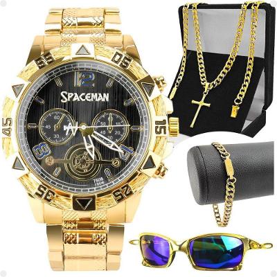 Relogio Dourado Masculino + Cordão + Pulseira Social Ouro