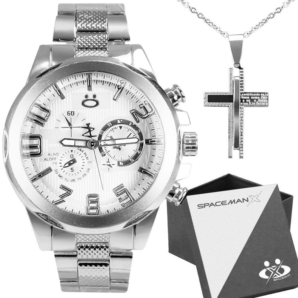 Relogio Masculino Aço Inox + Caixa + Cordão Pingente Cruz - 1