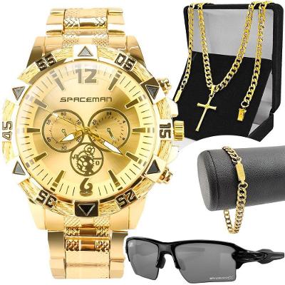 Relogio Dourado Masculino + Pulseira + Oculos Sol Ouro