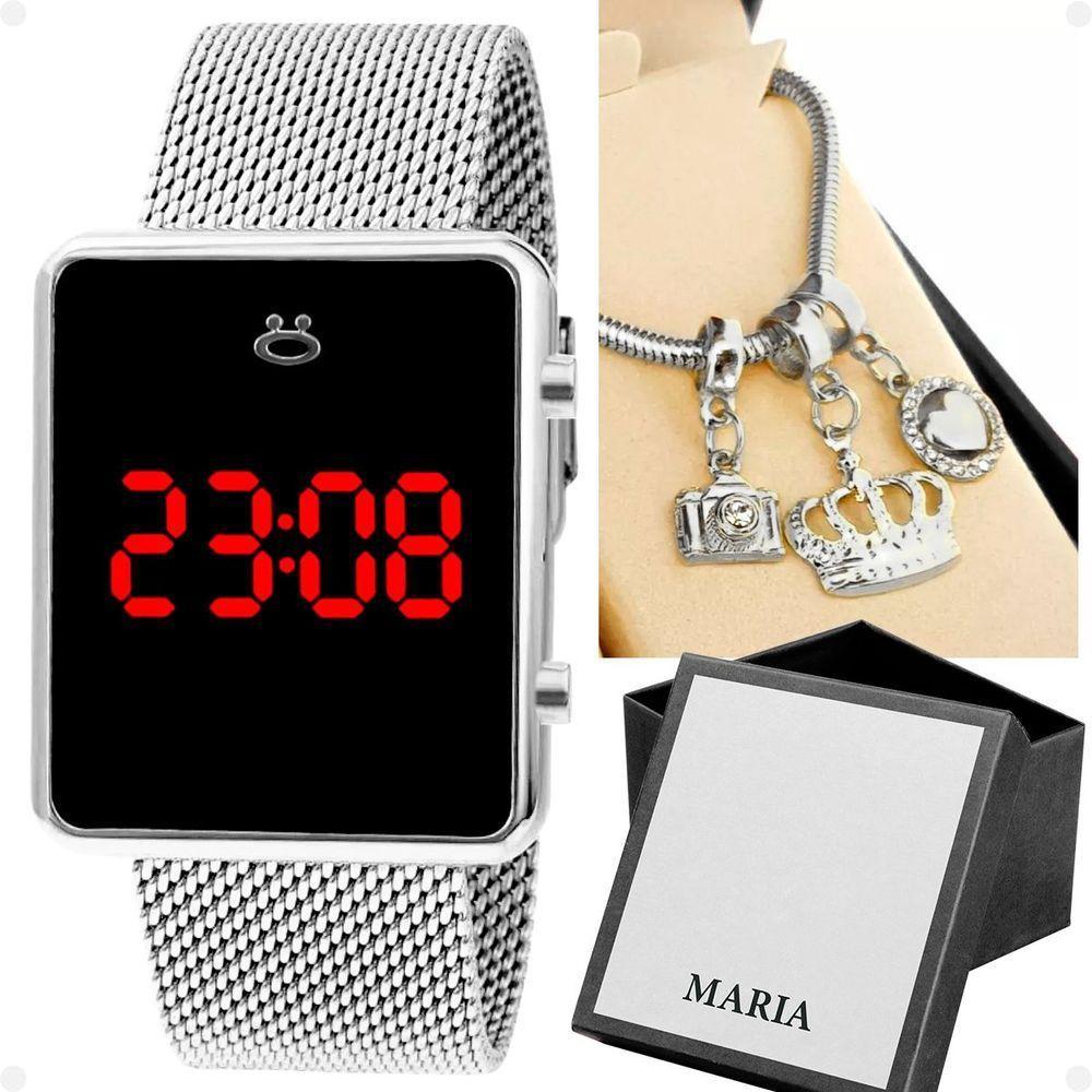 Relogio Feminino Digital Aço Inox + Caixa + Pulseira Pandora Casual Qualidade Prata - 1