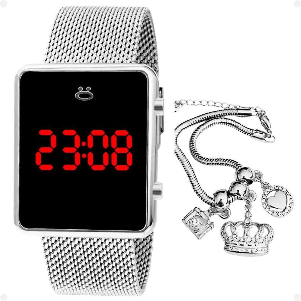 Relogio Feminino Digital Aço Inox + Caixa + Pulseira Pandora Casual Qualidade Prata - 4