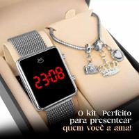 Relogio Feminino Digital Aço Inox + Caixa + Pulseira Pandora Casual Qualidade Prata - 7