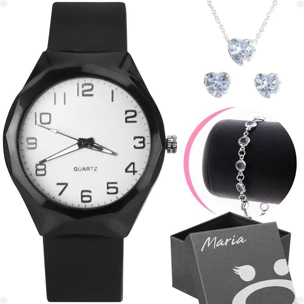 Colar Brinco + Relogio Feminino Aço Prova Dagua Coração Moda Qualidade Preto - 1