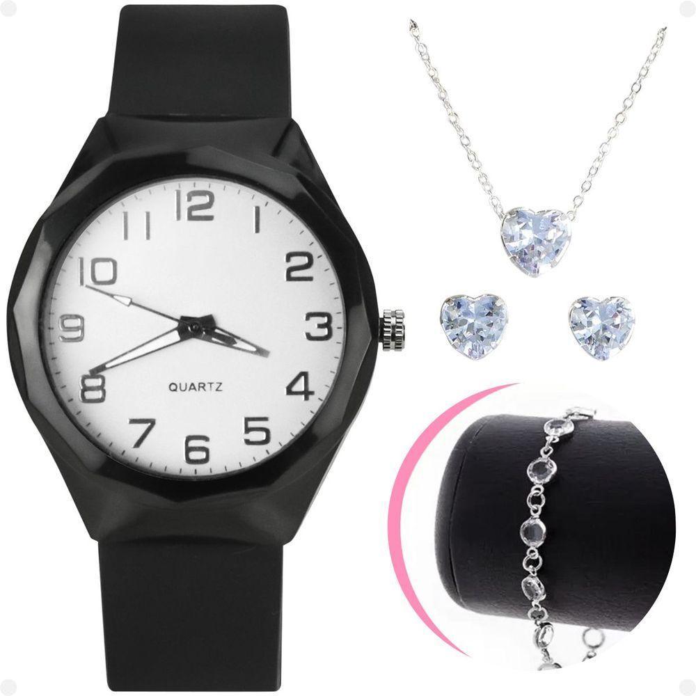Colar Brinco + Relogio Feminino Aço Prova Dagua Coração Moda Qualidade Preto - 4