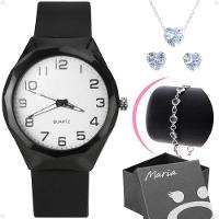 Colar Brinco + Relogio Feminino Aço Prova Dagua Coração Moda Qualidade Preto - 1