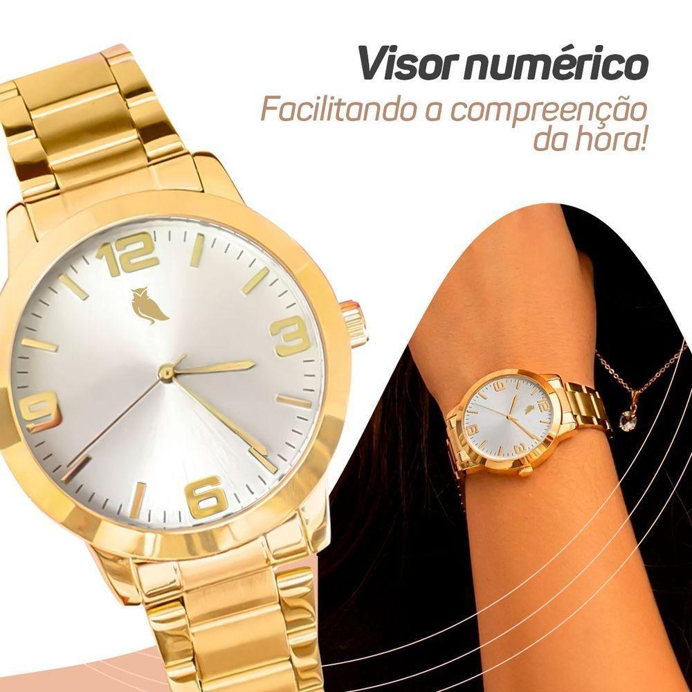 Relogio Feminino Dourado Aço Inox + Caixa + Pulseira Pandora - 7