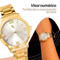 Relogio Feminino Dourado Aço Inox + Caixa + Pulseira Pandora - 7