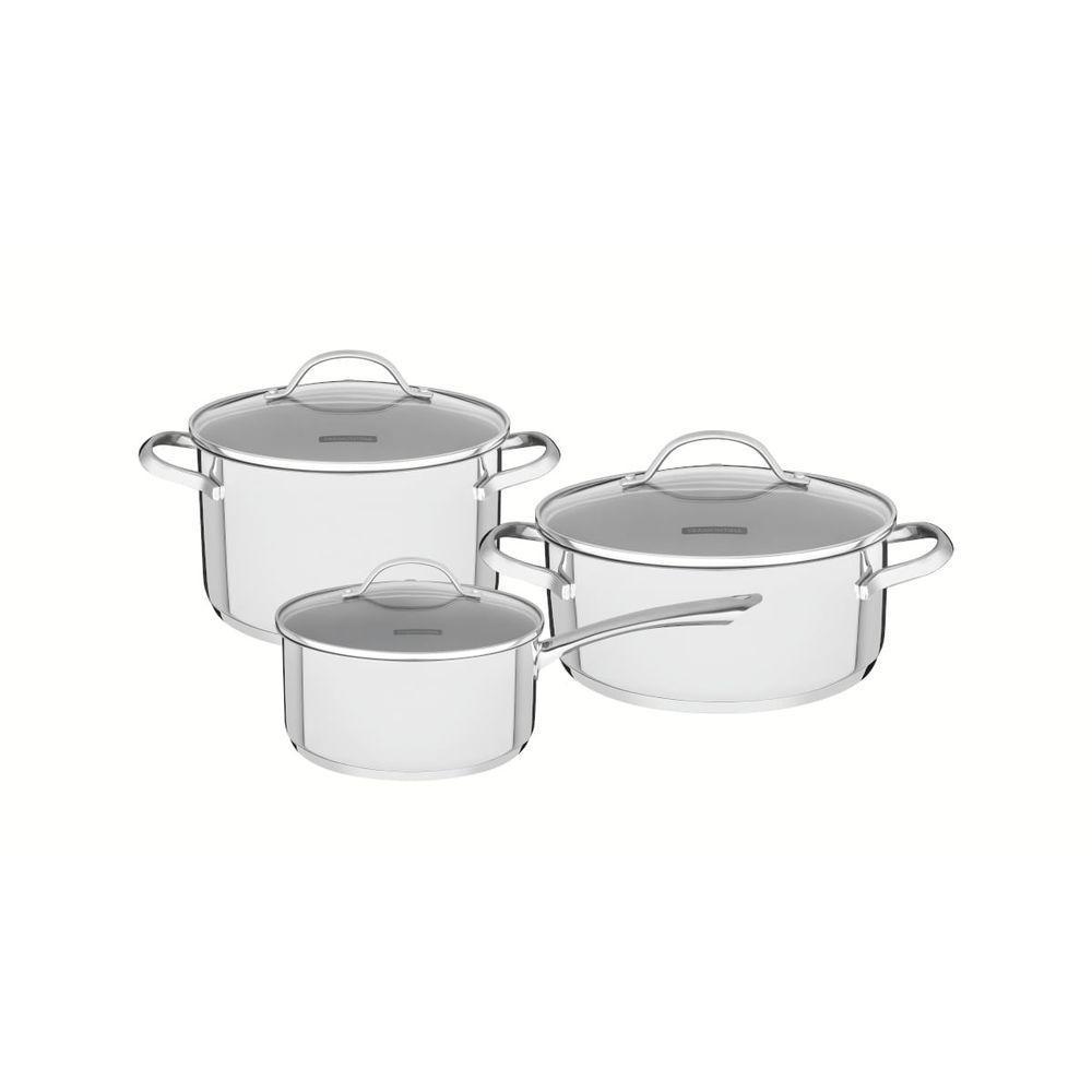 Jogo De Panelas Tramontina Una Aço Inox Fundo Triplo Tampas De Vidro 3 Peças - 7