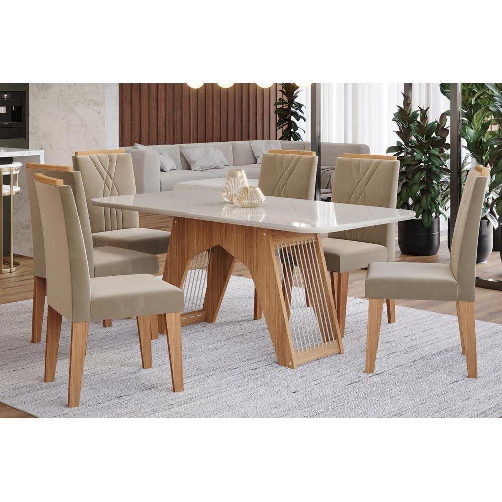 Conjunto: Mesa Sala Jantar Carol c/ Tampo Madeirado c/ Vidro 180cm + 6 Cadeiras Nicole Nature/Off White/Madeira/Joli - Cimol - 1