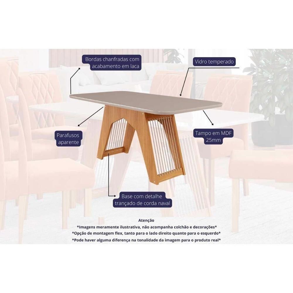 Conjunto: Mesa Sala Jantar Carol c/ Tampo Madeirado c/ Vidro 180cm + 6 Cadeiras Nicole Nature/Off White/Madeira/Joli - Cimol - 3