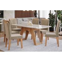 Conjunto: Mesa Sala Jantar Carol c/ Tampo Madeirado c/ Vidro 180cm + 6 Cadeiras Nicole Nature/Off White/Madeira/Joli - Cimol - 1