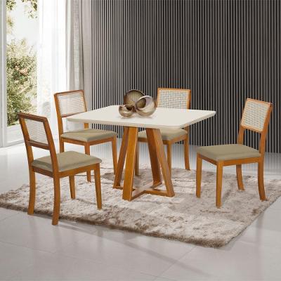 Conjunto de Jantar Pérola 4 Lugares Tampo em Vidro Off White com Mesa Madeira Maciça e Cadeiras