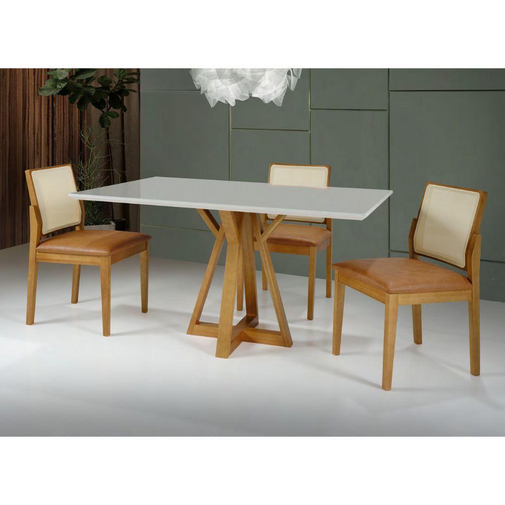 Mesa Nubia 4 Lugares Retangular 1,2x0,90 Madeira Freijó Maciça E Tampo De Vidro Off-white Colado - 3