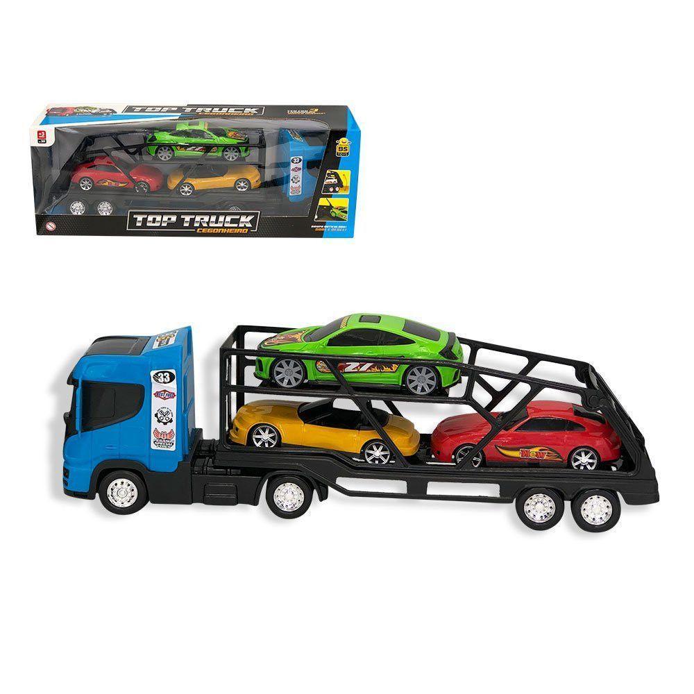 Caminhão Cegonheiro Grande Com 3 Carrinhos - Azul - 1