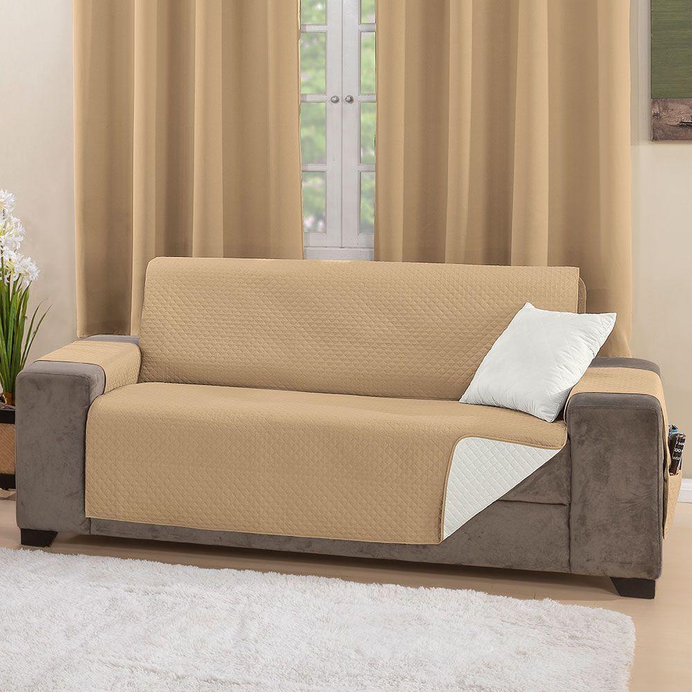 Protetor De Sofá Impermeável Dupla Face 3 Lugares Microfibra - Caqui-palha - 5