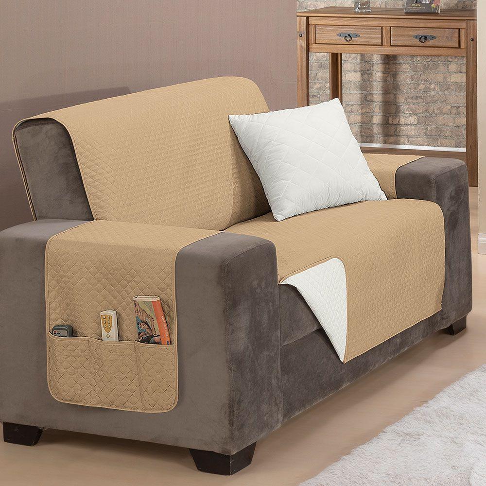 Protetor De Sofá Impermeável Dupla Face 2 Lugares King Microfibra - Caqui/palha - 5