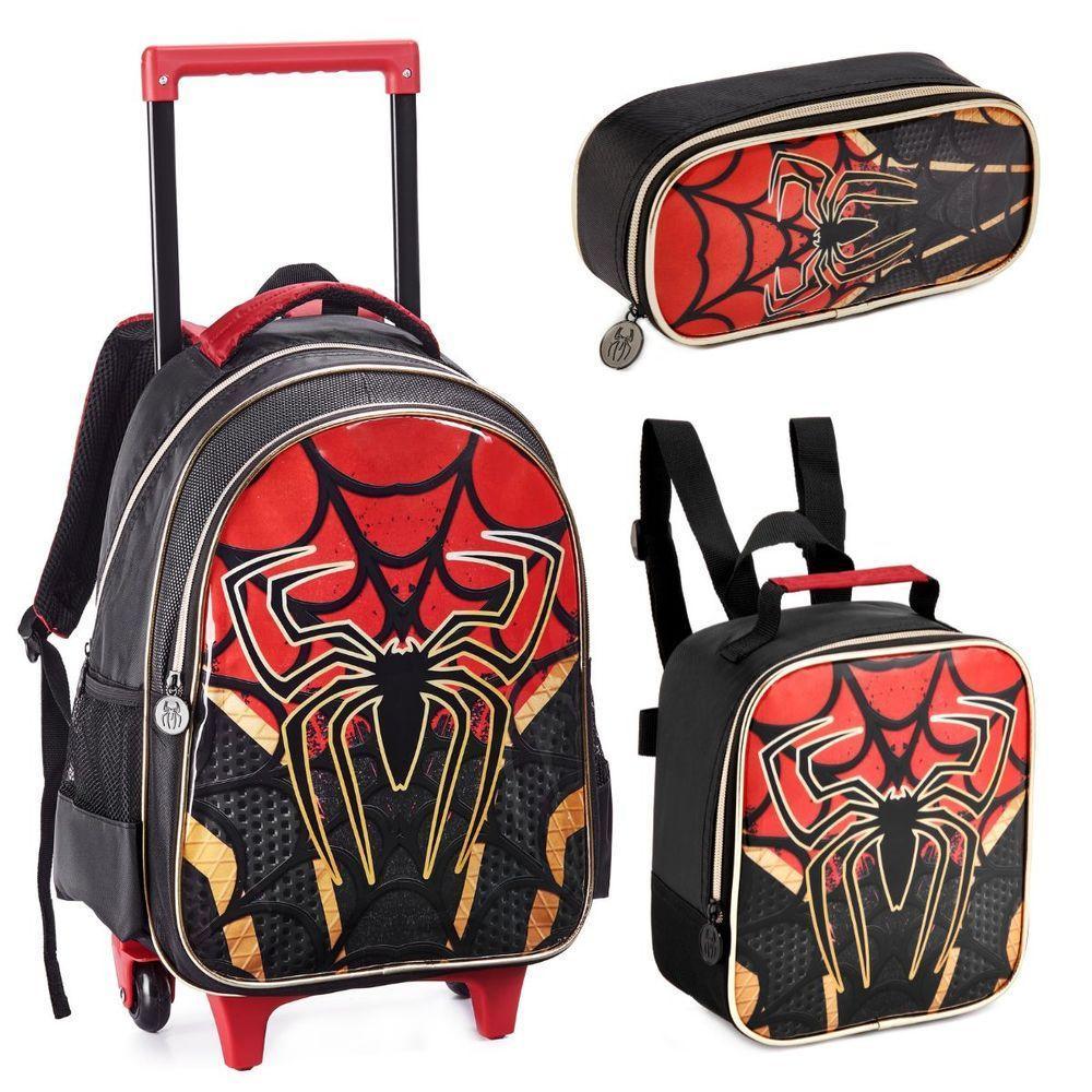 Kit Mochila Rodinhas Lancheira Estojo Duplo Homem Aranha Spider Dark Aranha Miles - 1