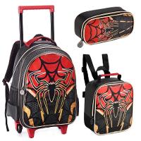 Kit Mochila Rodinhas Lancheira Estojo Duplo Homem Aranha Spider Dark Aranha Miles - 1